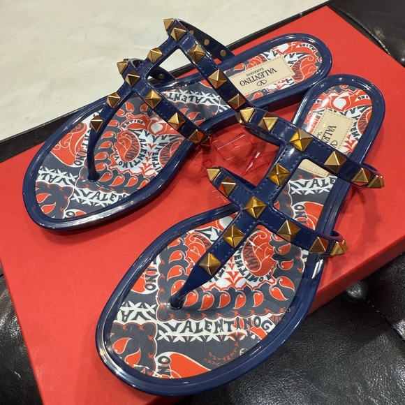 Valentino Navy and Gold Studded Sandals - Picture 3 of 3